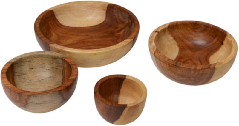 طقم أوعية تقديم خشبية من CasaHome، مكون من 4 قطع متداخلة، مصنوع من الخشب الصلب، بطلاء زيتي ساتان آمن للطعام، بنقشة خشب الجوز العسلي الطبيعي، مناسب للسلطات والوجبات الخفيفة والضيافة.